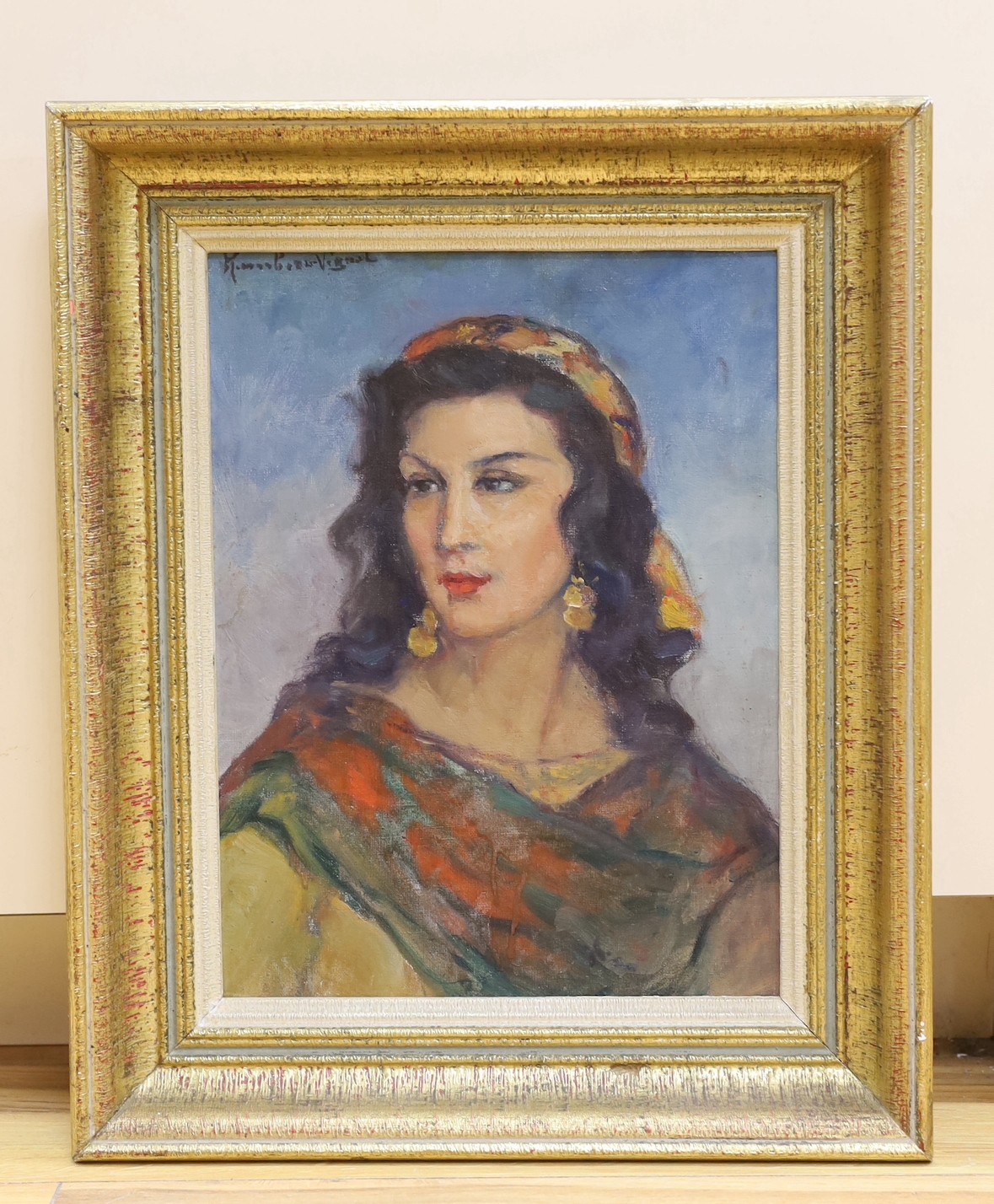 Humbert Vignol, oil on canvas board, Portrait of gypsy woman, indistinctly signed with French label verso, 34 x 25cm